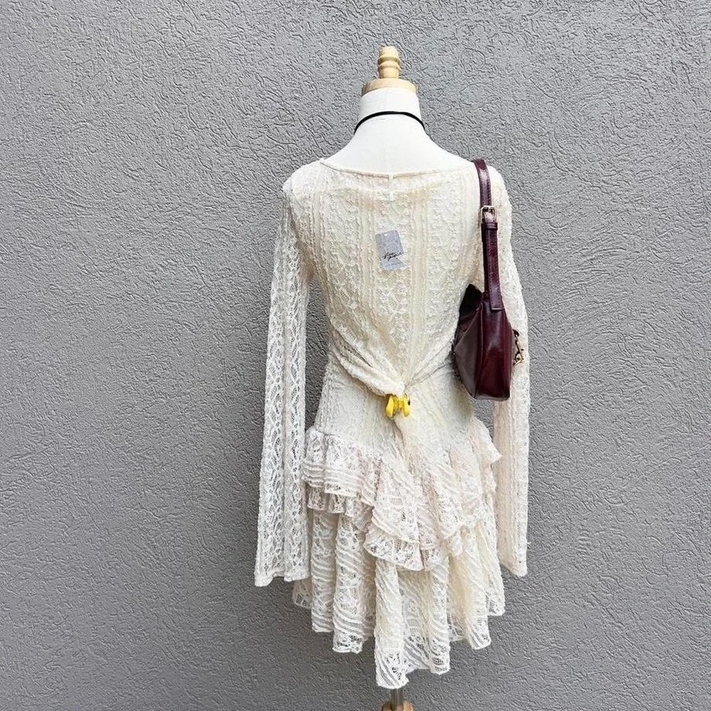 Free People Tabby Lace Long Sleeve Mini Dress Tea Size Large NWT Boho Festival